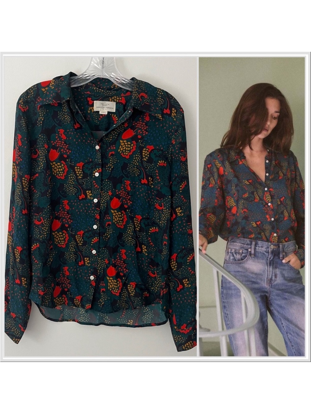 Trovata Birds of Paradis Jacquelin Button Down Shirt Teal NWT Medium MSRP $298 - Picture 4 of 15